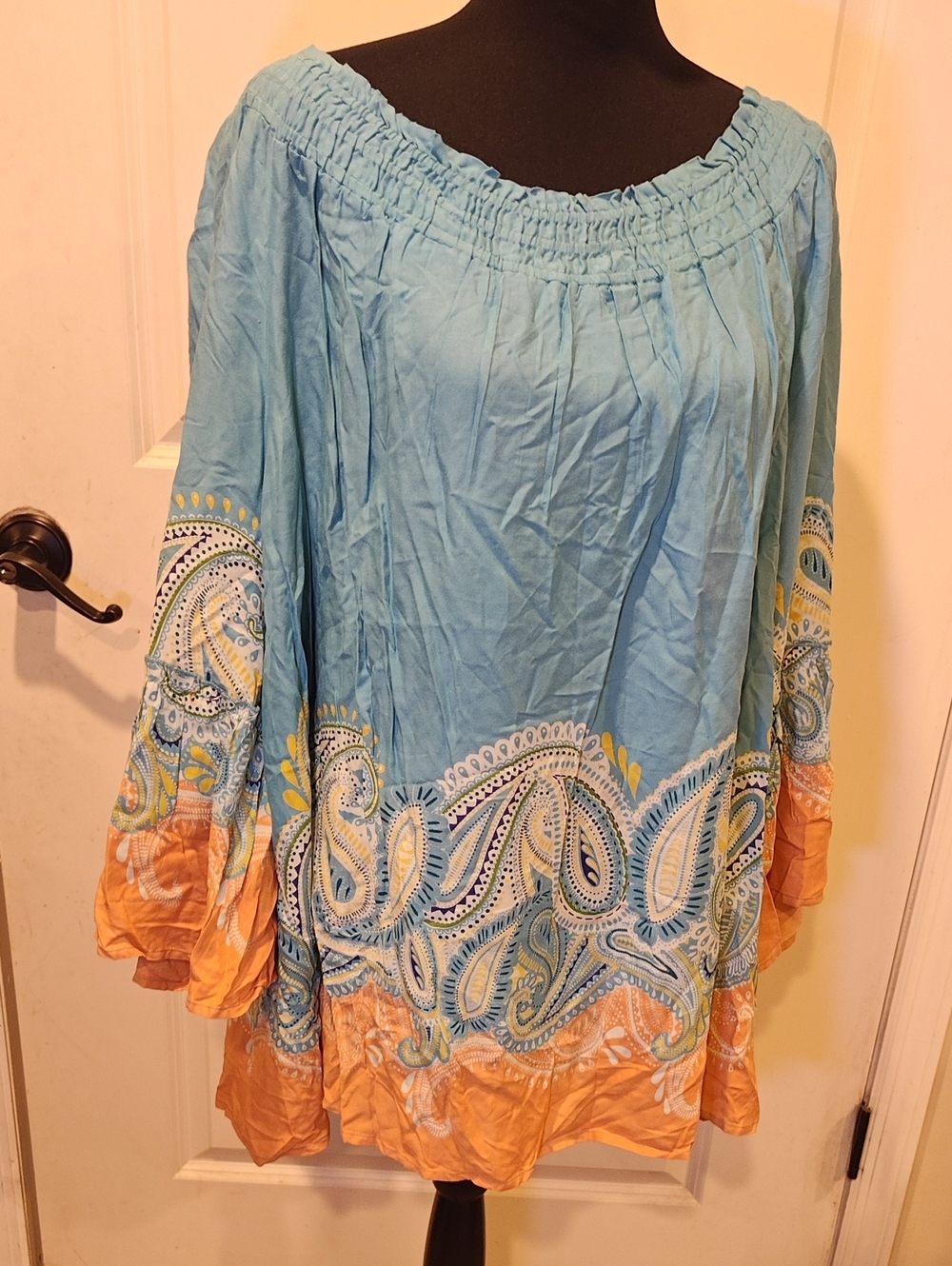 Boho Off-Shoulder Paisley Tunic Top - Light Blue and Peach